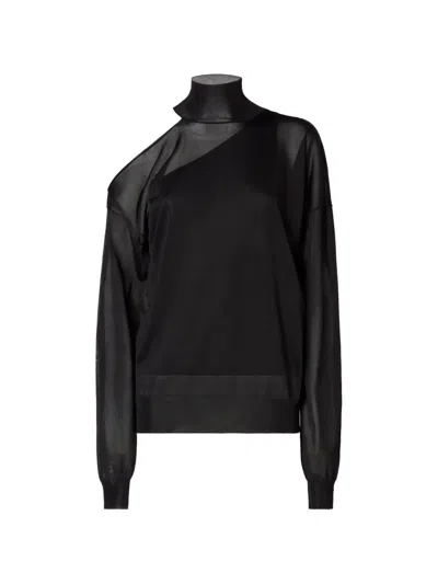 Fendi Silk Turtleneck Sweater With Cut-out Shoulder And Loose Ribbed Fit In Black