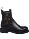 Fendi Filo Leather And Ff Fabric Biker Boots Shoes In Black