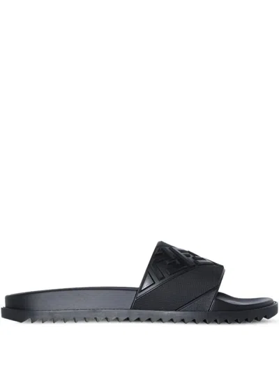 Fendi Rubber Slides With High Strap And Embossed Ff Motif Shoes In Black
