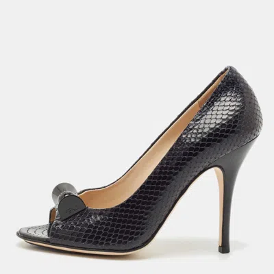 Pre-owned Fendi Black Snakeskin Embossed Leather Bow Open Toe Pumps Size 36
