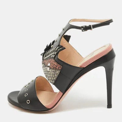 Pre-owned Fendi Black Studded Leather Rocker Bug Ankle-strap Sandals Size 36