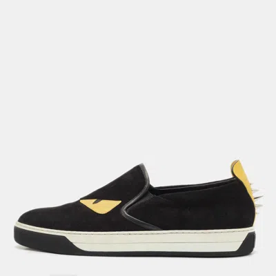 Pre-owned Fendi Black Suede And Leather Monster Eyes Slip On Sneakers Size 42