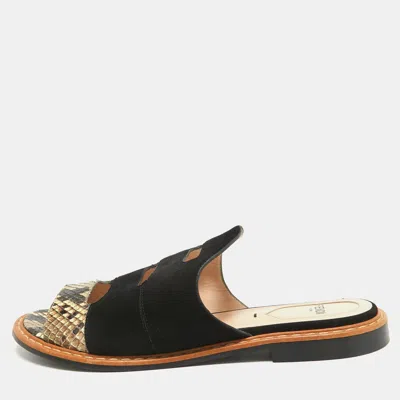 Pre-owned Fendi Black Suede And Python Cut Out Flat Slides Size 36
