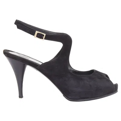 Pre-owned Fendi Black Suede Gold Buckle Slingback Peep Toe Pumps Eu37