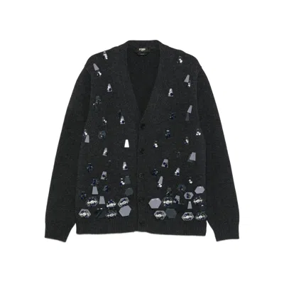 Fendi Crystal-embellished Button-up Cardigan In Black