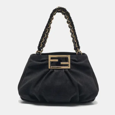 Pre-owned Fendi Black Textured Fabric And Patent Leather Small Mia Tote