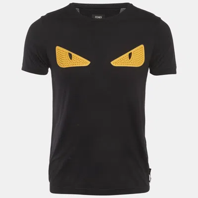 Pre-owned Fendi Black Textured Leather Monster Eye Jersey T-shirt S