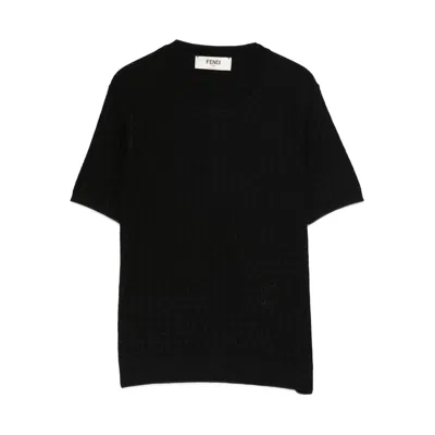 Fendi Ff Short Sleeve Crew Neck Knit Sweater In Black