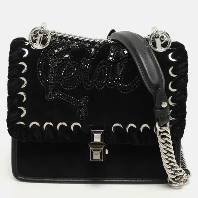 Pre-owned Fendi Black Velvet And Leather Small Kan I Logo Embellished Top Handle Bag