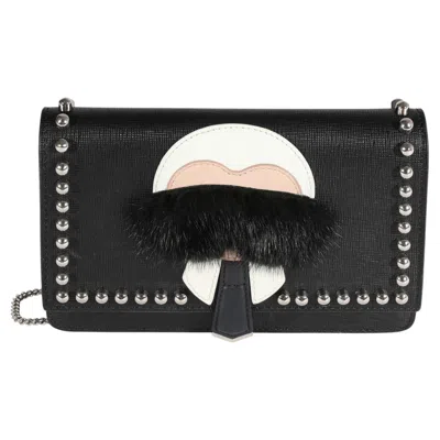 Pre-owned Fendi Black Vitello Elite & Mink Studded Karlito Chain Wallet