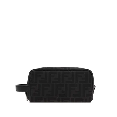 Fendi Ff Fabric Toiletry Case With Leather Handle In Black
