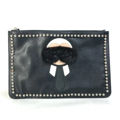 Pre-owned Fendi Black White Leather Fur Clutch Bag Pouch () In Black, White