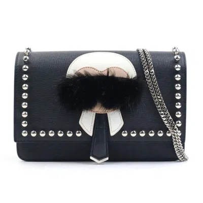 Pre-owned Fendi Black White Leather Fur Shoulder Bag () In Black, White