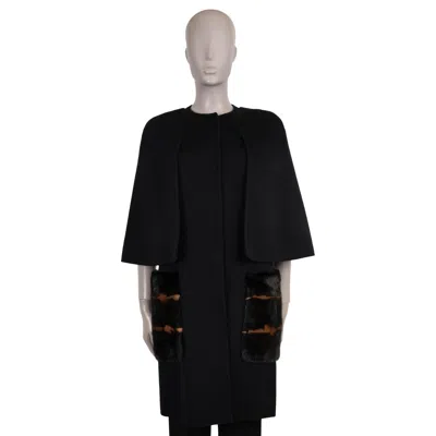 Pre-owned Fendi Black Wool 2016 Fur Pockets Cape Coat Jacket 38 Xs