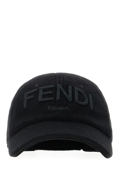 Fendi Men Wool Blend Baseball Hat With Logo Embroidery In Black