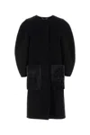 Fendi Women Black Crewneck Coat With Puffed Sleeves And Two Front Shearling Pockets In Wool Blend Wo In Black