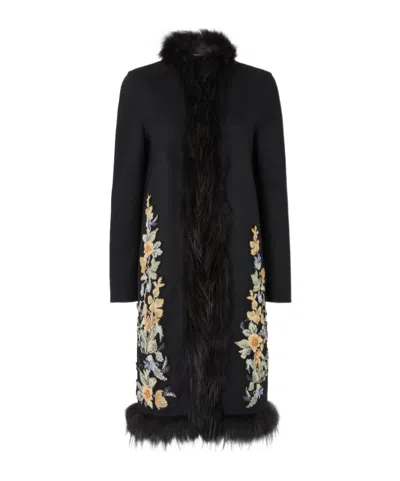 Fendi Black Wool Coat With Embroidery And Fox Fur Trim In Multi