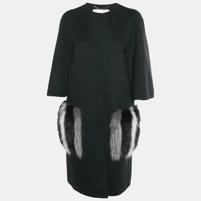 Pre-owned Fendi Black Wool Fox Fur Trim Cape Sleeve Single Breasted Coat M