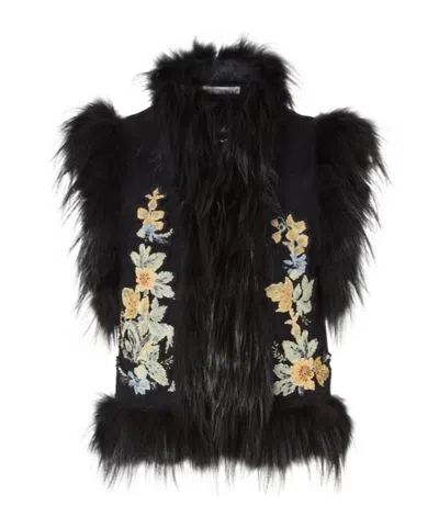 Fendi Black Wool Gilet With Embroidery And Fox Fur Trim In Multi