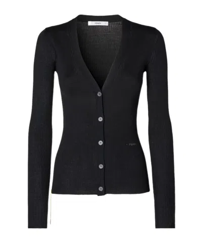 Fendi Black Wool Ribbed Cardigan