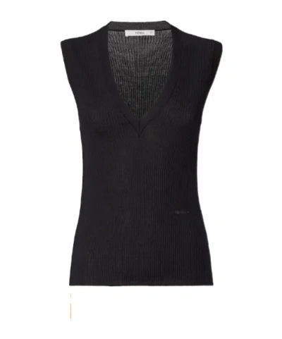 Fendi Black Wool Ribbed Top In Blue