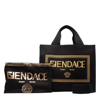 Pre-owned Fendi Black Yellow Canvas Shoulder Bag Tote Bag () In Black, Yellow