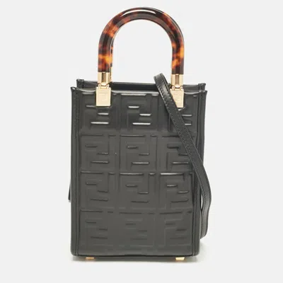 Pre-owned Fendi Black Zucca Embossed Leather Mini Sunshine Tote