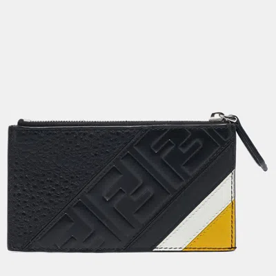 Pre-owned Fendi Black Zucca Embossed Leather Zip Card Holder
