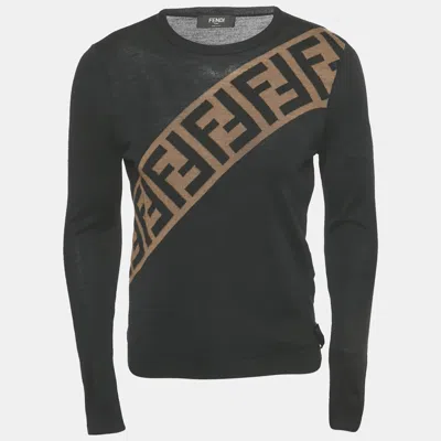 Pre-owned Fendi Black Zucca Intarsia Wool Knit Pullover S