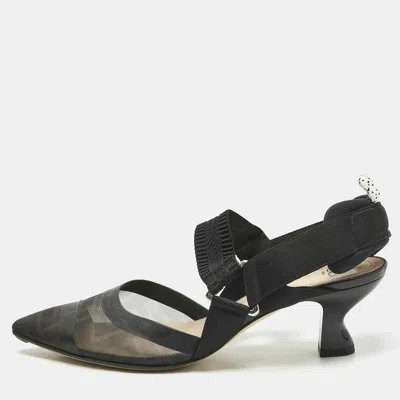 Pre-owned Fendi Black Zucca Mesh And Canvas Colibri Slingback Pumps Size 37.5