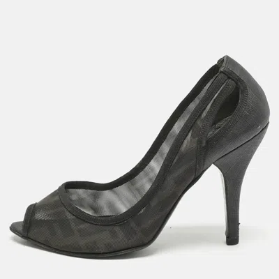 Pre-owned Fendi Black Zucca Mesh And Coated Fabric Peep Toe Pumps Size 37