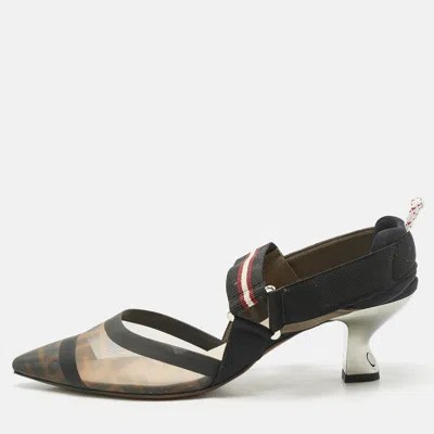 Pre-owned Fendi Black Zucca Mesh Colibri Slingback Pumps Size 40