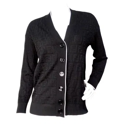Pre-owned Fendi Black Zucca Monogram Button-down Cardigan With White Lining