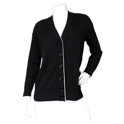 Pre-owned Fendi Black Zucca Monogram Knit V-neck Cardigan