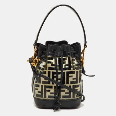 Pre-owned Fendi Black Zucca Print Pvc And Leather Mini Mon Tresor Bucket Bag