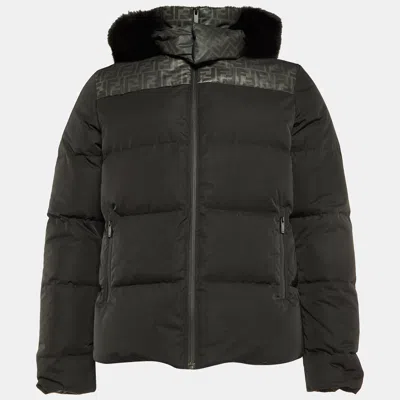 Pre-owned Fendi Black Zucca Print Synthetic Detachable Fur Hooded Down Jacket M