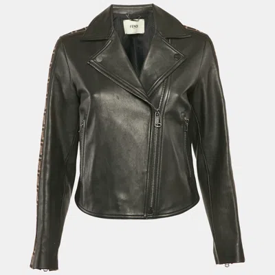 Pre-owned Fendi Black Zucca Side Tape Leather Zip-up Jacket S