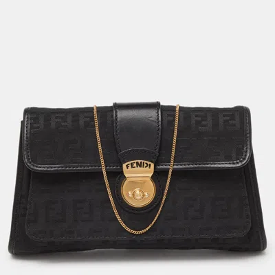 Pre-owned Fendi Black Zucchino Canvas And Leather Wallet On Chain
