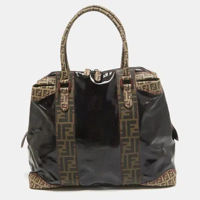 Pre-owned Fendi Black/beige Coated Fabric Large Mixed Media Satchel