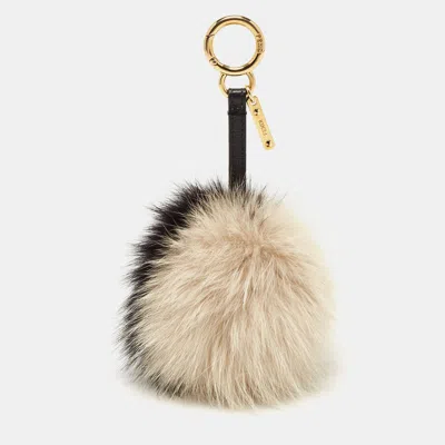 Pre-owned Fendi Black/beige Fox Fur Pom Pom Bag Charm