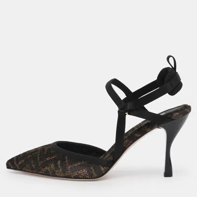 Pre-owned Fendi Black/beige Jacquard Chenille Slingback Sandals Size 40