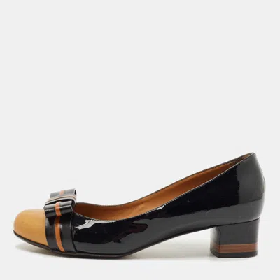 Pre-owned Fendi Black/beige Leather Cap Toe Bow Detail Pumps Size 38