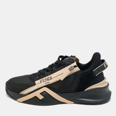 Pre-owned Fendi Black/beige Mesh And Suede Flow Sneakers Size 38