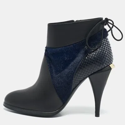Pre-owned Fendi Black/blue Leather And Calf Hair Ankle Booties Size 36.5