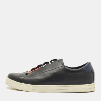 Pre-owned Fendi Black/blue Leather Logo Knit Rockoko Scallop Detail Slip On Sneakers Size 39