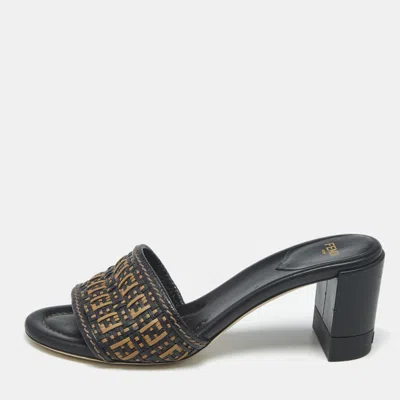 Pre-owned Fendi Black/brown Ff Interlace Leather Slide Sandals Size 37.5