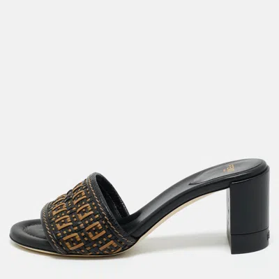 Pre-owned Fendi Black/brown Ff Interlace Leather Slide Sandals Size 38