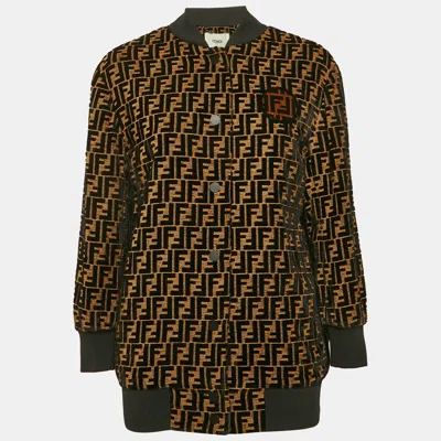 Pre-owned Fendi Black/brown Ff Logo Velvet Bomber Jacket S