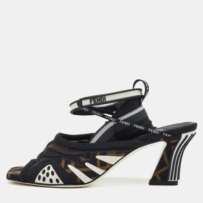 Pre-owned Fendi Black/brown Ff Neoprene And Mesh Freedom Patchwork Slingback Sandals Size 36