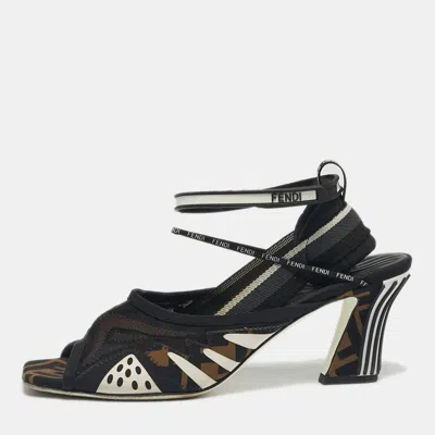 Pre-owned Fendi Black/brown Ff Neoprene And Mesh Freedom Patchwork Slingback Sandals Size 40